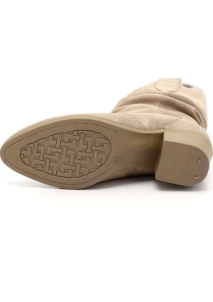 Kadın Bej Süet Kalın Topuklu Körüklü Hakiki Deri Çizme