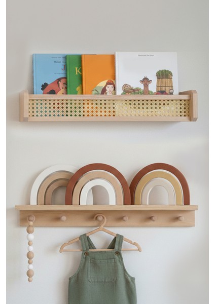 Ahşap Montessori Hazeran 2'li Çocuk Odası Duvar Rafı, Kitaplık