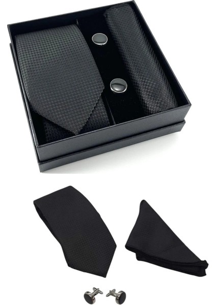 Kravat Düğme Set Siyah Desenli Kravat Mendil Kol Düğmesi Özel Set