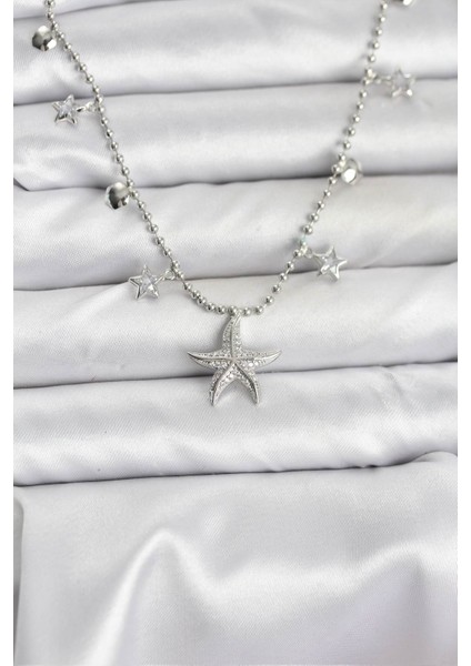 Pirinç Gümüş Renk Zirkon Taşlı Deniz Yıldızı Model Kadın Kolye - TJ-BKO10654