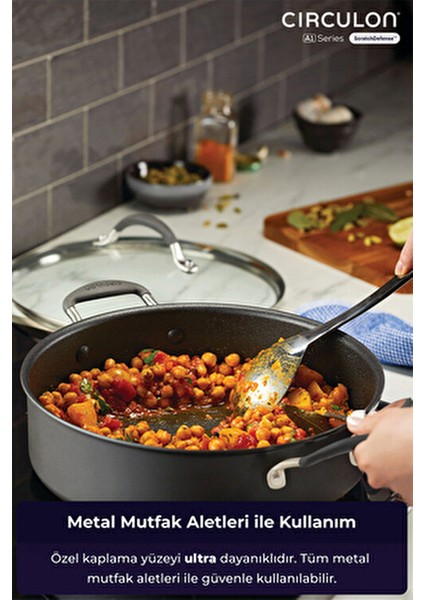 24 cm Sığ Tencere Cam Kapaklı Döküm Malzeme ile Ultra Yapışmaz Kaplama