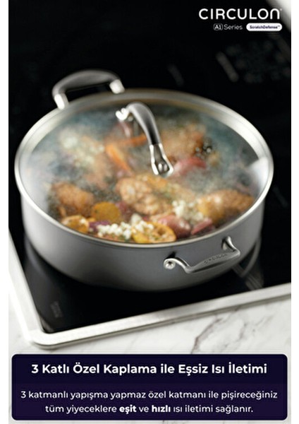 24 cm Sığ Tencere Cam Kapaklı Döküm Malzeme ile Ultra Yapışmaz Kaplama