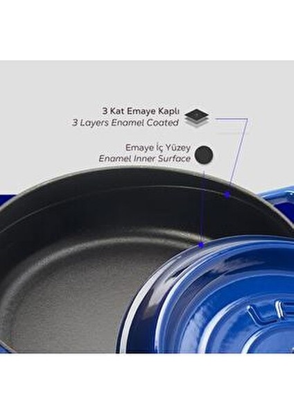 Döküm Çok Amaçlı Yayvan Tencere 28 cm Mavi 3 Kat Emaye Kaplama ile Dayanıklı Kullanım