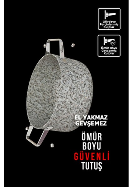 Stone-Age 26 cm Granit Çizilmez Yanmaz Yapışmaz Basık Tencere PEEK Kaplama