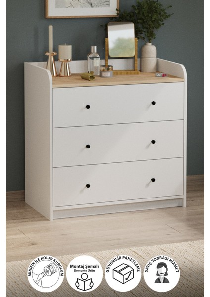 3 Çekmeceli Şifonyer 6 Bölmeli Şifonyer Dolap Yatak Odası Dolabı Begüm Safir Meşe Beyaz