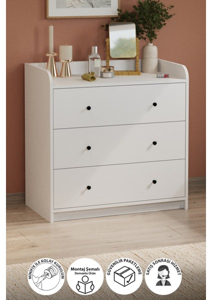 3 Çekmeceli Şifonyer 6 Bölmeli Şifonyer Dolap Yatak Odası Dolabı Begüm Beyaz