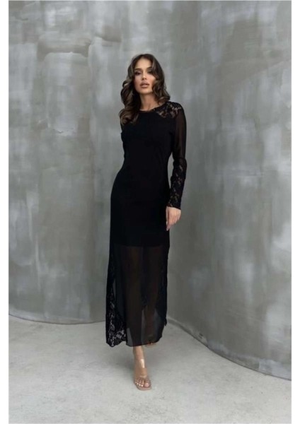 Almond Dantel Detaylı Tül Elbise 2659-8