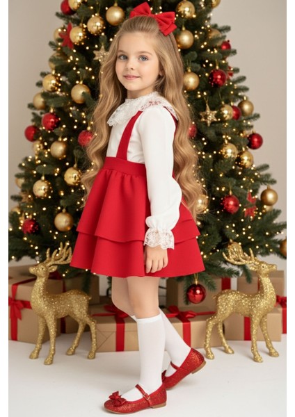 Kız Çocuk Helen Kırmızı Askılı Kat Kat Bağlama Jile Elbise Dantel Detay Ekru Uzun Kollu Bluz Takım TKM-0190.3