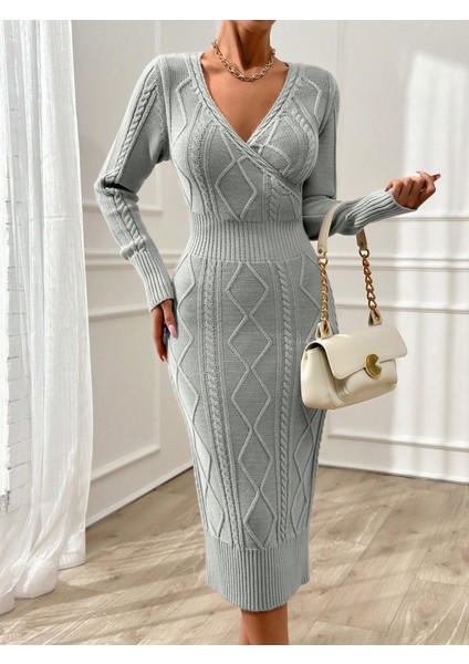 Kadın Uzun Kollu Kruvaze Yaka Triko Midi Boy Elbise fiyatları