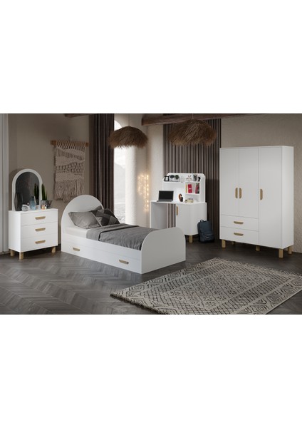 Yavru Yataklı Bohem Cocuk Odası Takımı Tamamı Mdf Beyaz 4 Parça