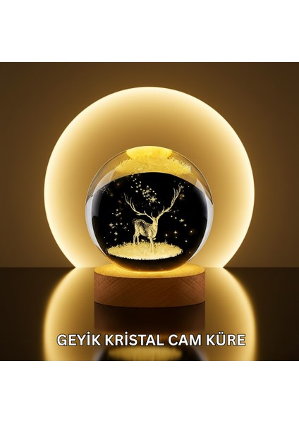 Doğal Ahşap Standlı Geyik Figürlü Küre LED Dekoratif Lamba