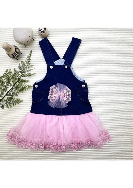 2-3-4 Yaş Fiyonklu Düğme Detaylı Tül Etek Kot Kumaş Salopet Kız Çocuk Elbisesi Lacivert-Pembe