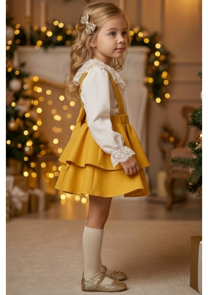 Kız Çocuk Helen Koyu Sarı Askılı Kat Kat Bağlama Jile Elbise Dantel Detay Ekru Uzun Kollu Bluz Takım TKM-0190.4 fiyatları
