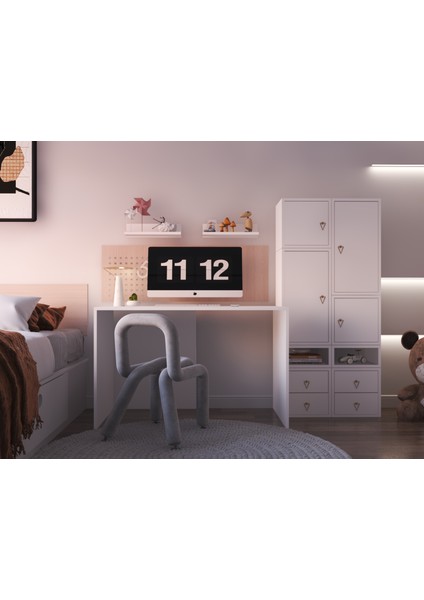 Modüler Kapaklı-Çekmeceli Çalışma Masası Seti – Raflı, Dolaplı, Açık Gözlü BEYAZ-PNR-CMS-1020