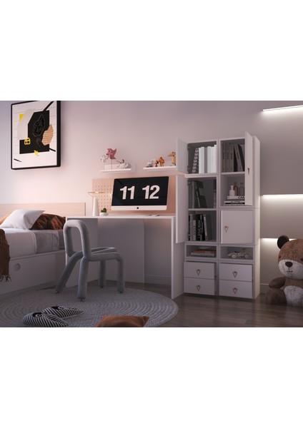 Modüler Kapaklı-Çekmeceli Çalışma Masası Seti – Raflı, Dolaplı, Açık Gözlü BEYAZ-PNR-CMS-1020 modelleri