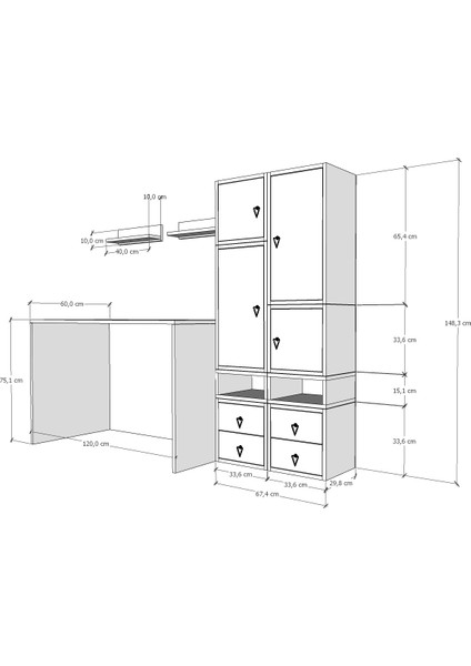 Modüler Kapaklı-Çekmeceli Çalışma Masası Seti – Raflı, Dolaplı, Açık Gözlü BEYAZ-PNR-CMS-1020 fırsatları
