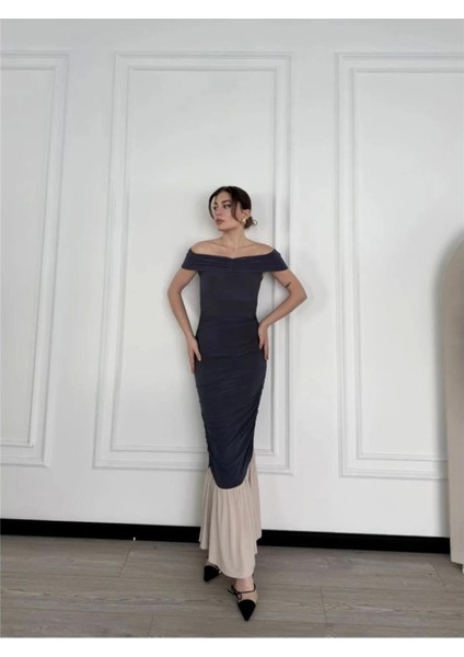 Striptiz Omuzlu Uzun Elbise- Füme fiyatları