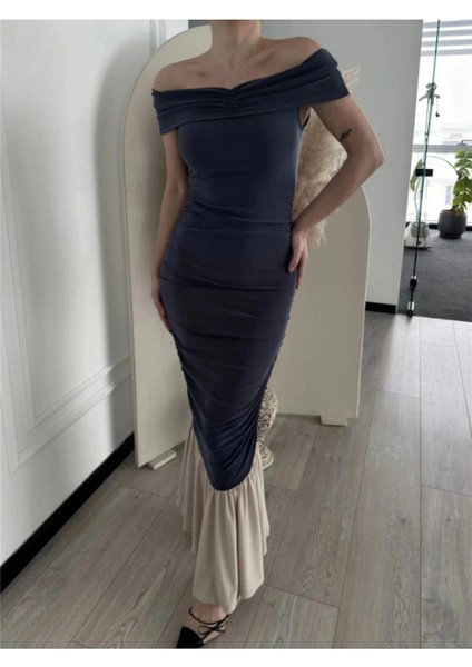 Striptiz Omuzlu Uzun Elbise- Füme fırsatları