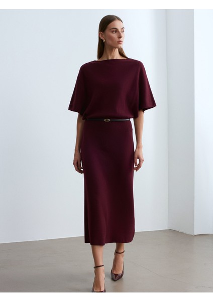 90266 Yün Karışımlı Kayık Yaka Kemerli Triko Elbise-Bordo M.