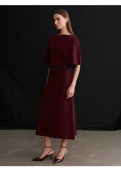 90266 Yün Karışımlı Kayık Yaka Kemerli Triko Elbise-Bordo M. fiyatları