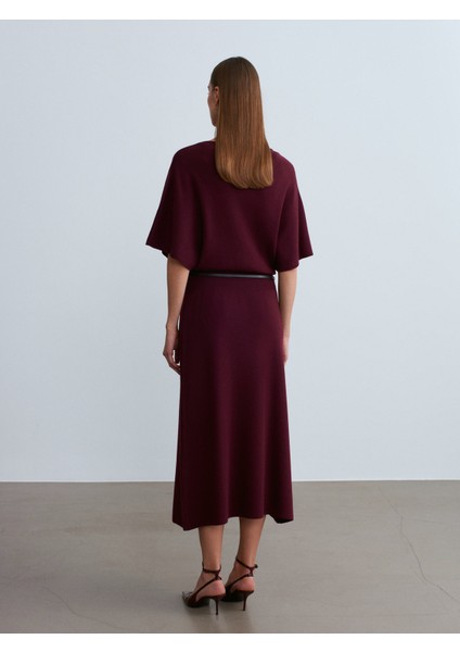 90266 Yün Karışımlı Kayık Yaka Kemerli Triko Elbise-Bordo M. modelleri