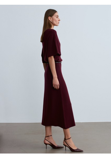 90266 Yün Karışımlı Kayık Yaka Kemerli Triko Elbise-Bordo M. fırsatları