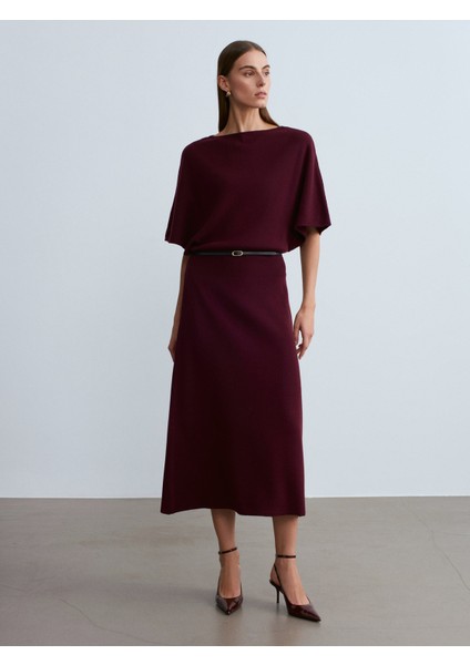 90266 Yün Karışımlı Kayık Yaka Kemerli Triko Elbise-Bordo M. indirimleri