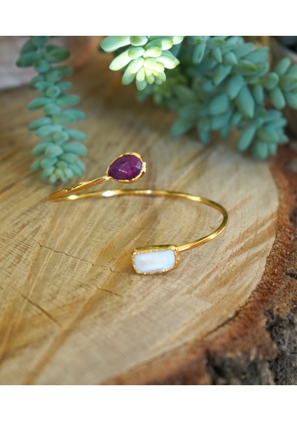 Doğal Taş Inci ve Yakut Ayarlanabilir Helen Bileklik