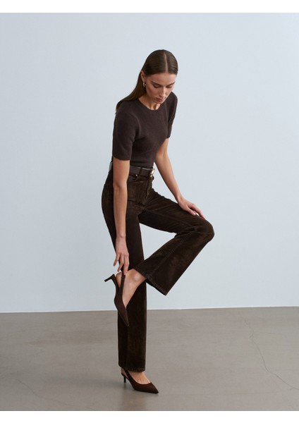 72111 Kadife Flare Pantolon-Kahve