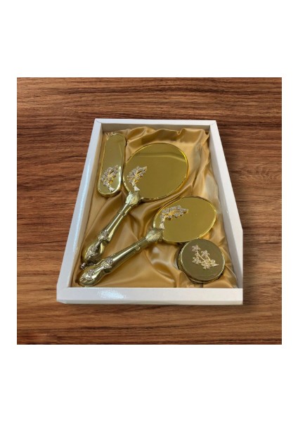 Taşlı Ayna Tarak Takımı Parlak Gold (Tek Çelenk)