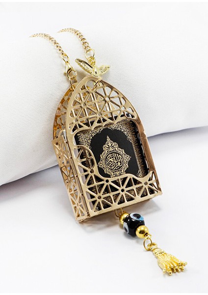 Gold Renkli Korunaklı Kılıf Siyah Yaldızlı Mini Kur'an Dikiz Ayna Süsü, Salkım Nazar Boncuklu