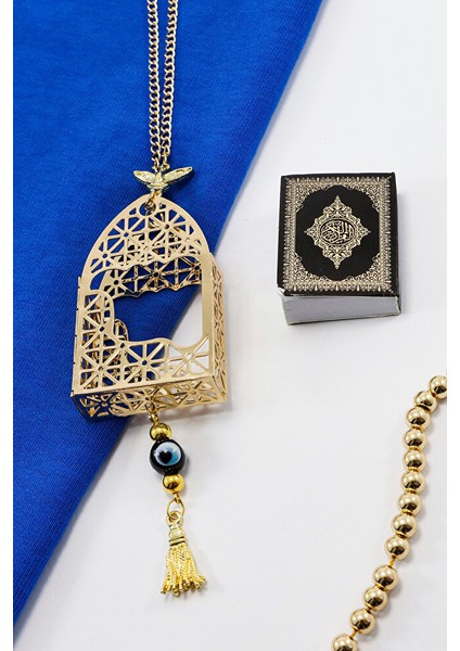 Gold Renkli Korunaklı Kılıf Siyah Yaldızlı Mini Kur'an Dikiz Ayna Süsü, Salkım Nazar Boncuklu fiyatları