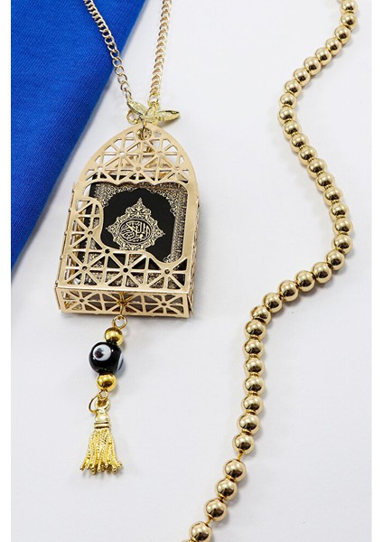 Gold Renkli Korunaklı Kılıf Siyah Yaldızlı Mini Kur'an Dikiz Ayna Süsü, Salkım Nazar Boncuklu modelleri