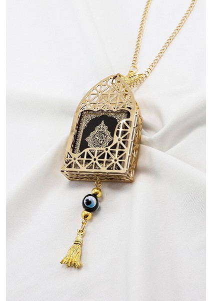 Gold Renkli Korunaklı Kılıf Siyah Yaldızlı Mini Kur'an Dikiz Ayna Süsü, Salkım Nazar Boncuklu fırsatları