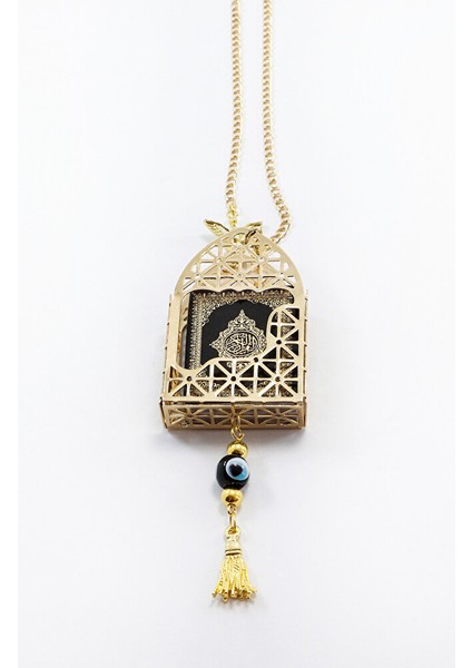 Gold Renkli Korunaklı Kılıf Siyah Yaldızlı Mini Kur'an Dikiz Ayna Süsü, Salkım Nazar Boncuklu indirimleri