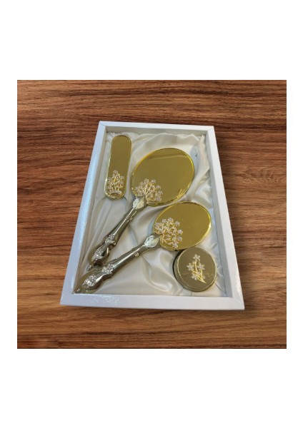 Taşlı Ayna Tarak Takımı Parlak Gold (Hayat Ağacı)