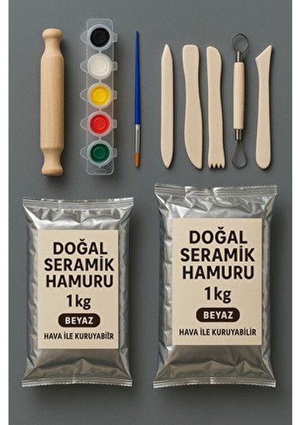 Doğal Seramik Hamuru 2’li Beyaz Seramik Başlangıç Seti 1000 gr Kil Hamuru ve 6'lı Boya ile Fırça fırsatları