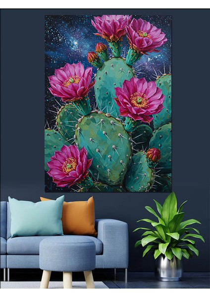 Çölde Kaktüs Çiçekleri Resmi Dekoratif Kanvas - Mdf Ahşap Tablo