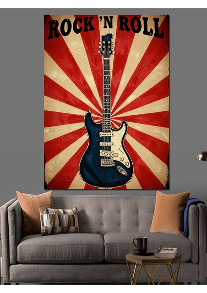 Kırmızı Beyaz Retro Fonlu Roc'n Roll Gitarı Dekoratif Kanvas - Mdf Ahşap Tablo