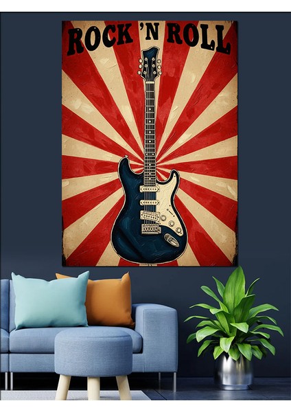 Kırmızı Beyaz Retro Fonlu Roc'n Roll Gitarı Dekoratif Kanvas - Mdf Ahşap Tablo fiyatları