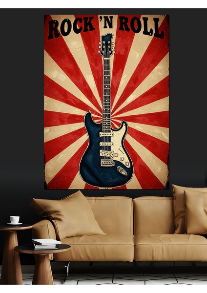Kırmızı Beyaz Retro Fonlu Roc'n Roll Gitarı Dekoratif Kanvas - Mdf Ahşap Tablo modelleri