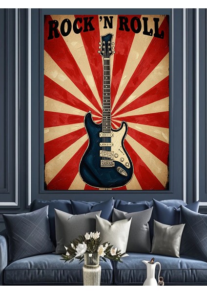 Kırmızı Beyaz Retro Fonlu Roc'n Roll Gitarı Dekoratif Kanvas - Mdf Ahşap Tablo fırsatları