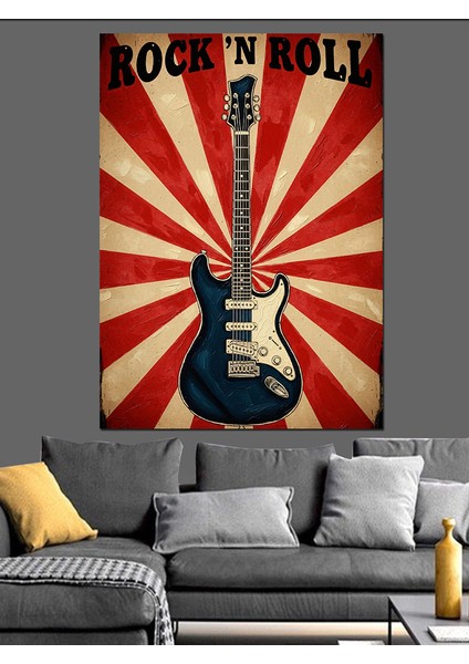 Kırmızı Beyaz Retro Fonlu Roc'n Roll Gitarı Dekoratif Kanvas - Mdf Ahşap Tablo indirimleri