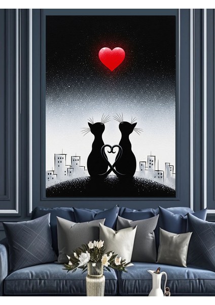 Siyah Beyaz Aşık Kediler ve Kırmızı Kalp Dekoratif Kanvas - Mdf Ahşap Tablo