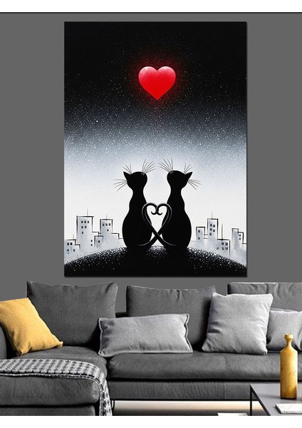 Siyah Beyaz Aşık Kediler ve Kırmızı Kalp Dekoratif Kanvas - Mdf Ahşap Tablo fiyatları