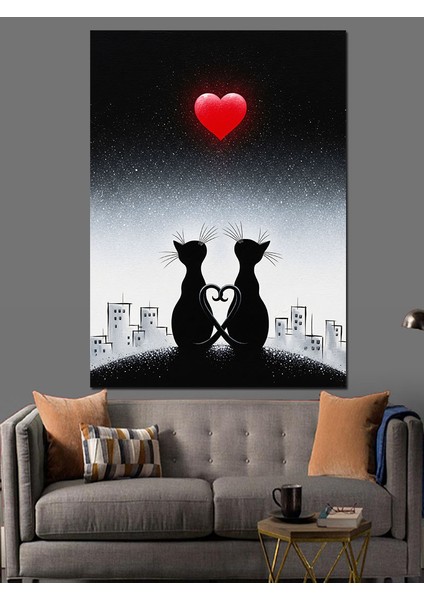 Siyah Beyaz Aşık Kediler ve Kırmızı Kalp Dekoratif Kanvas - Mdf Ahşap Tablo modelleri
