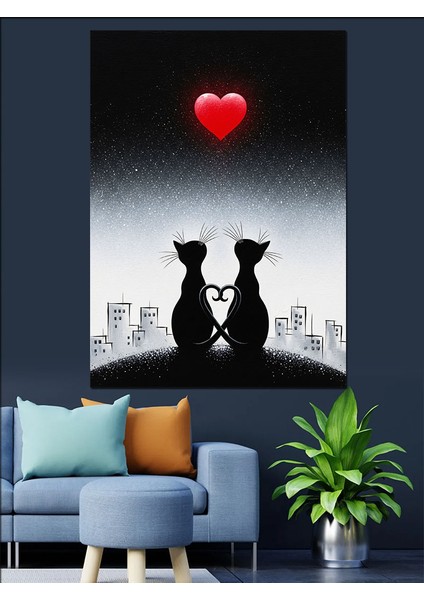 Siyah Beyaz Aşık Kediler ve Kırmızı Kalp Dekoratif Kanvas - Mdf Ahşap Tablo fırsatları