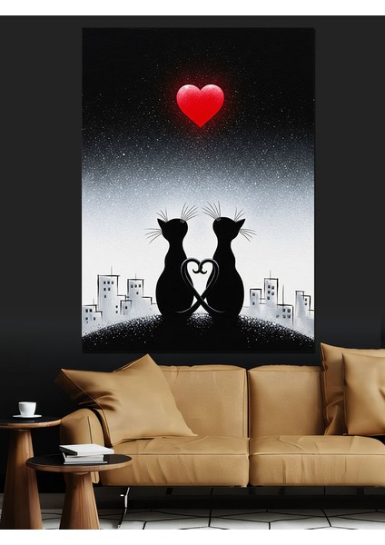 Siyah Beyaz Aşık Kediler ve Kırmızı Kalp Dekoratif Kanvas - Mdf Ahşap Tablo indirimleri
