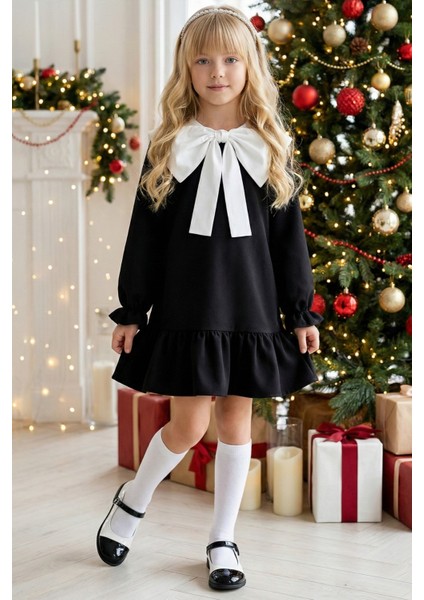 Kız Çocuk Rashel Siyah Elbise Beyaz Yakalı Fırfırlı Uzun Kol 23 Nisan 29 Ekim Gösteri Elbisesi