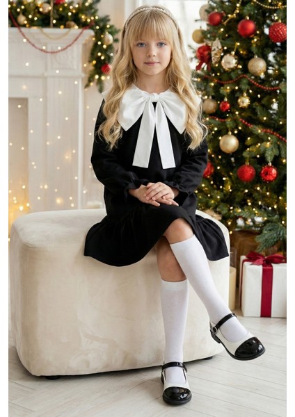 Kız Çocuk Rashel Siyah Elbise Beyaz Yakalı Fırfırlı Uzun Kol 23 Nisan 29 Ekim Gösteri Elbisesi fiyatları